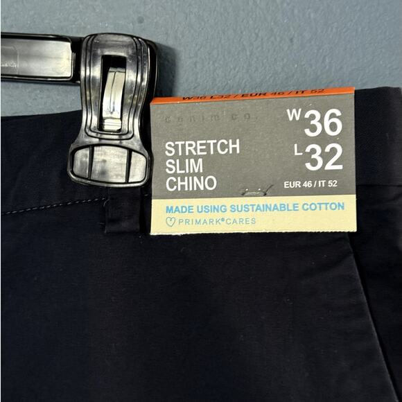NWT PRIMARK NAVY BLUE MENS STRETCH SLIM CHINO PANTS 36" WAIST X 32" INSEAM - Picture 3 of 12